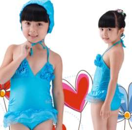 女童连体蓝色六朵花  温泉泳衣(120209)